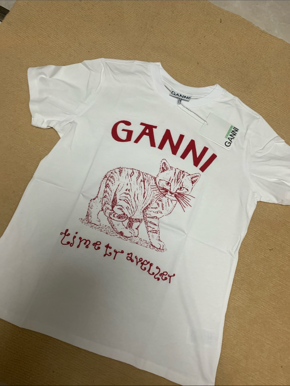 Ganni White Tee with Red Cat Illustration